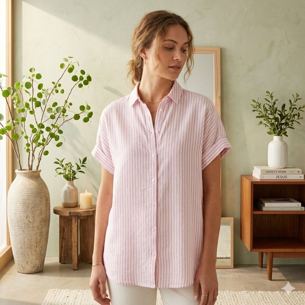 Universal Thread Button Up Shirt Womens XL Orange White Striped Short Sleeve